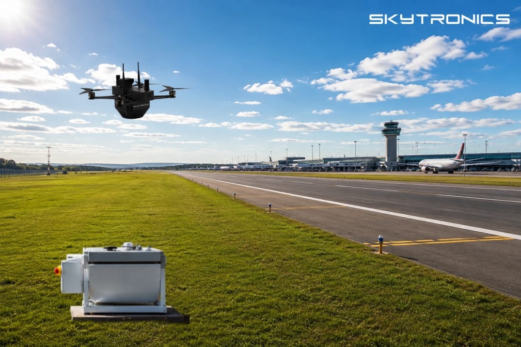 DroneMate Bird Deterrent drone patrolling near an airport runway
